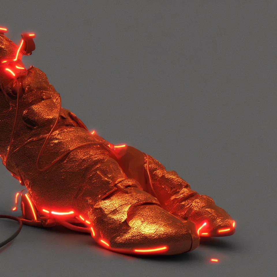 Image similar to realistic 8 k sculpture of a cyberpunk sneaker with neon illuminated rubber soles and soft orange shoelaces, sitting on a textured grey surface, clean 3 d render, beautiful studio lighting, soft, sharp focus, cyberpunk, intricate detail, gold and red accents, soft rubber, octane render, trending on artstation, deviantart, art by hiroshi fujiwara