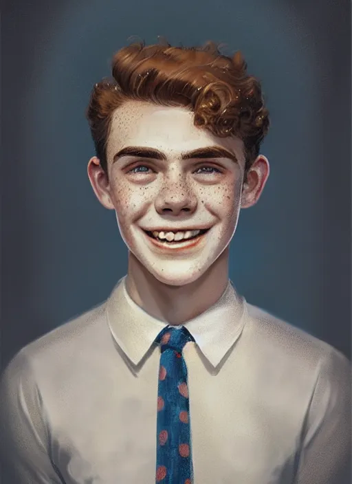 Image similar to portrait of teenage archie andrews, freckles, curly middle part haircut, curly hair, smiling kindly, friendly, 1 9 5 0 s, intricate, elegant, glowing lights, highly detailed, digital painting, artstation, concept art, smooth, sharp focus, illustration, art by wlop, mars ravelo and greg rutkowski