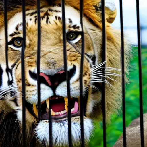 Image similar to lion and a tiger roaring in cage at the zoo