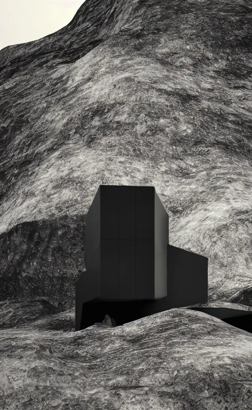 Image similar to tall black geometric house, embedded in lava cliff, full view, black house, molten metal house, minimal, rippled white landscape, dwarven architecture, light from molten iron, octane render, hyper realistic, 8 k, octane render,