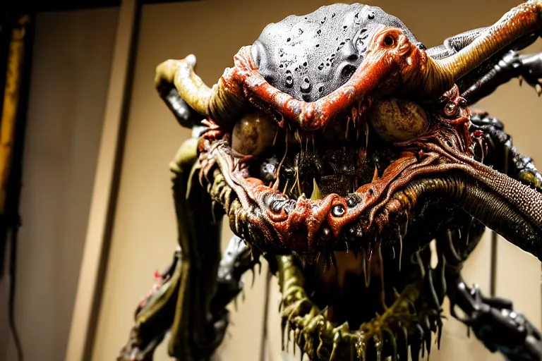 Prompt: wide angle photo taken of an epic intricate, ultra detailed, super realistic gritty, hero prop, exquisitely weathered animatronic movie prop of a lifelike sculpture of a wet, slimy nightmarish hellish alien creature displayed in the workshop, created by weta workshop, full body shot, photorealistic, sharp focus