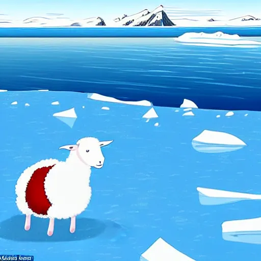 Image similar to cartoon drawing of a seal tossing a red ball with a white lamb in antarctica. the seal's head is sticking out above the water and the sheep is standing near the edge of ice