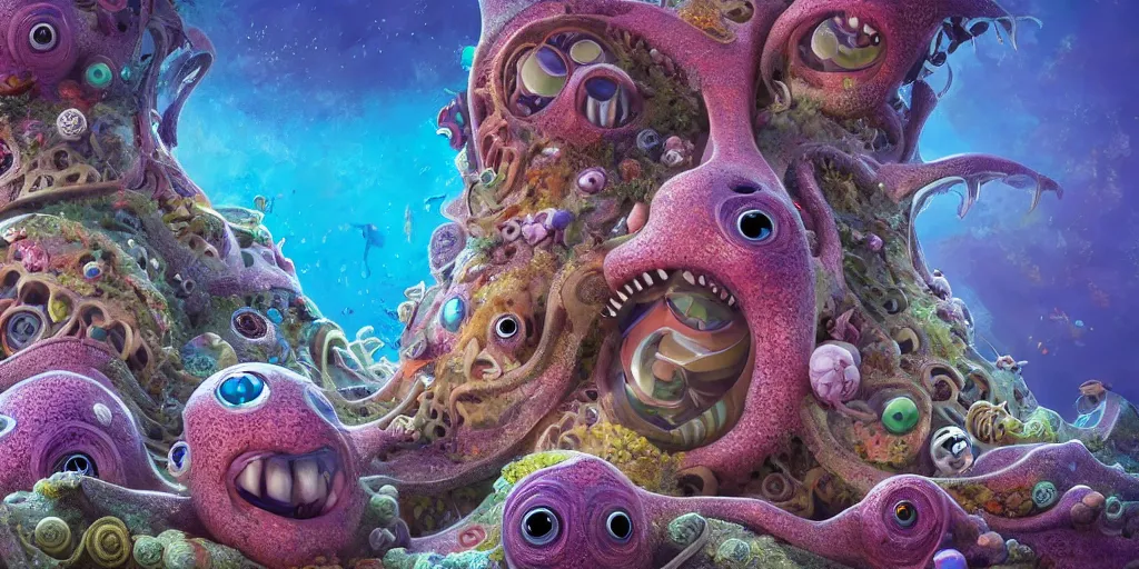 Image similar to of an intricate sea reef with strange cute friendly happy creatures with huge eyes, mouth, long tongue, round teeth and goofy face, appearing from the background, in the style of gehry and gaudi, macro lens, shallow depth of field, ultra detailed, digital painting, trending artstation, concept art, illustration, cinematic lighting, photorealism, epic, octane render