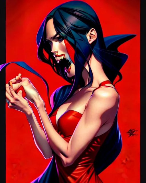 Image similar to artgerm, joshua middleton comic cover art, full body pretty megan fox vampire sharp teeth, red dress, symmetrical eyes, symmetrical face, long curly black hair, dark castle background background, cinematic lighting