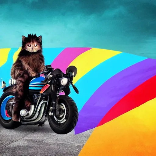 Image similar to wide angle full body, jacket wearing fluffy cute rainbow kitten wearing a black leather motorcycle jacket, riding on a motorcycle, cinematic concept art