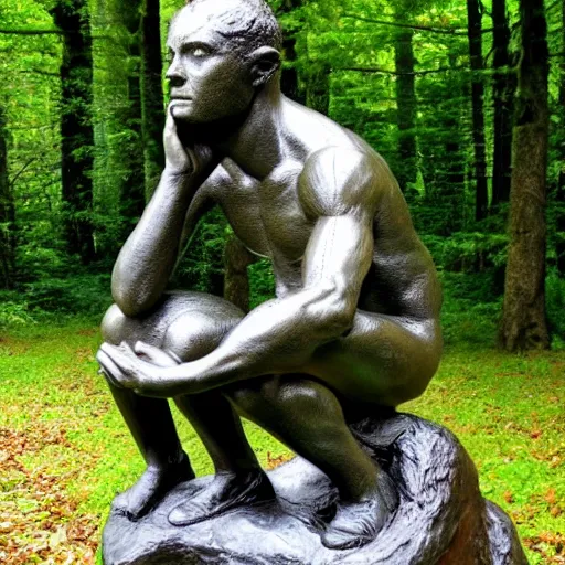 Prompt: The thinker sculpture in the style of William Bartram mushrooms at the base , placed in a lush forest