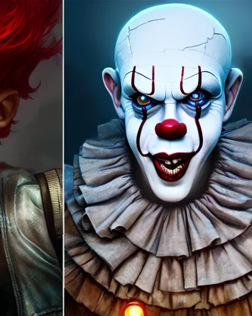 Image similar to highly detailed vfx portrait of pennywise as terminator, stephen bliss, unreal engine, greg rutkowski, loish, rhads, beeple, makoto shinkai and lois van baarle, ilya kuvshinov, rossdraws, tom bagshaw, alphonse mucha, global illumination, detailed and intricate environment