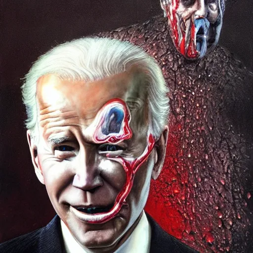 Image similar to presidential portrait of joe biden with oily black fluid pouring from mouth and nose as slenderman, medical diagram by beksinski, jon mcnaughton, and stephen gammell