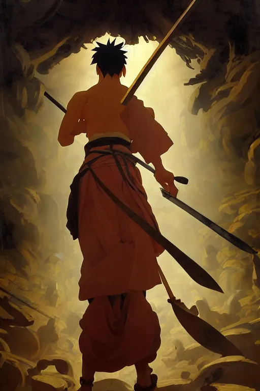 Image similar to baroque oil painting of key visual portrait concept art of anime monk fighting with a wood weapon in a dungeon, brutalist, dark fantasy, rule of thirds golden ratio, fake detail, trending pixiv fanbox, acrylic palette knife, style of makoto shinkai studio ghibli genshin impact jamie wyeth james gilleard greg rutkowski chiho aoshima