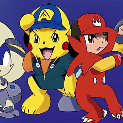 Image similar to pokémon, knuckles the hedgehog, ashe ketchum, pikachu