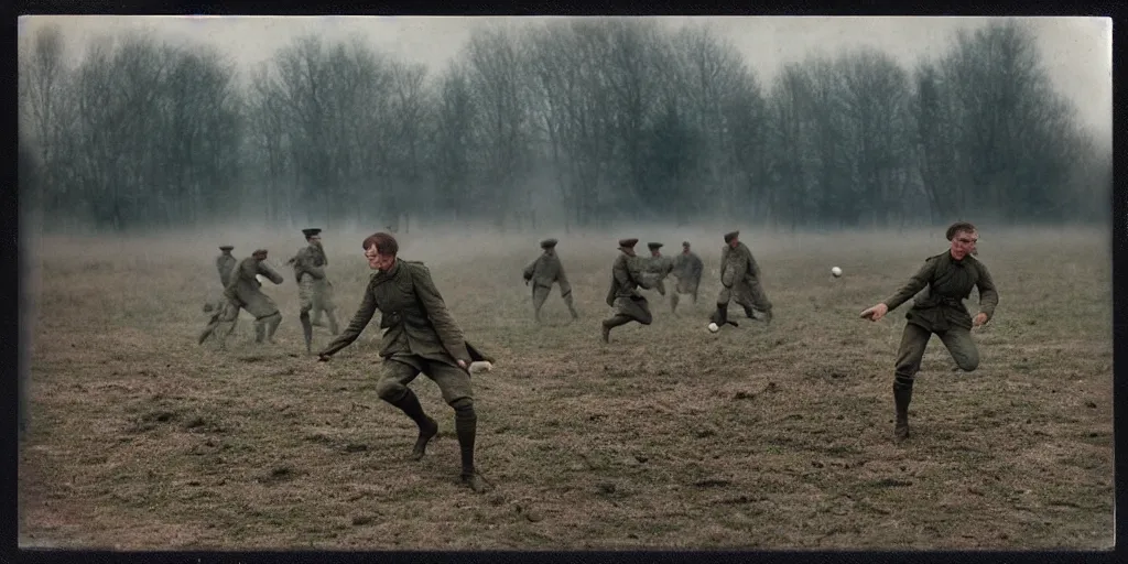 Image similar to detailed medium format photo, polaroid still from tarkovsky movie, erling haaland playing football on a ww 1 battlefield, haze, high production value, intricate details, 8 k resolution, hyperrealistic, hdr, photorealistic, high definition, tehnicolor, award - winning photography, masterpiece, amazing colors