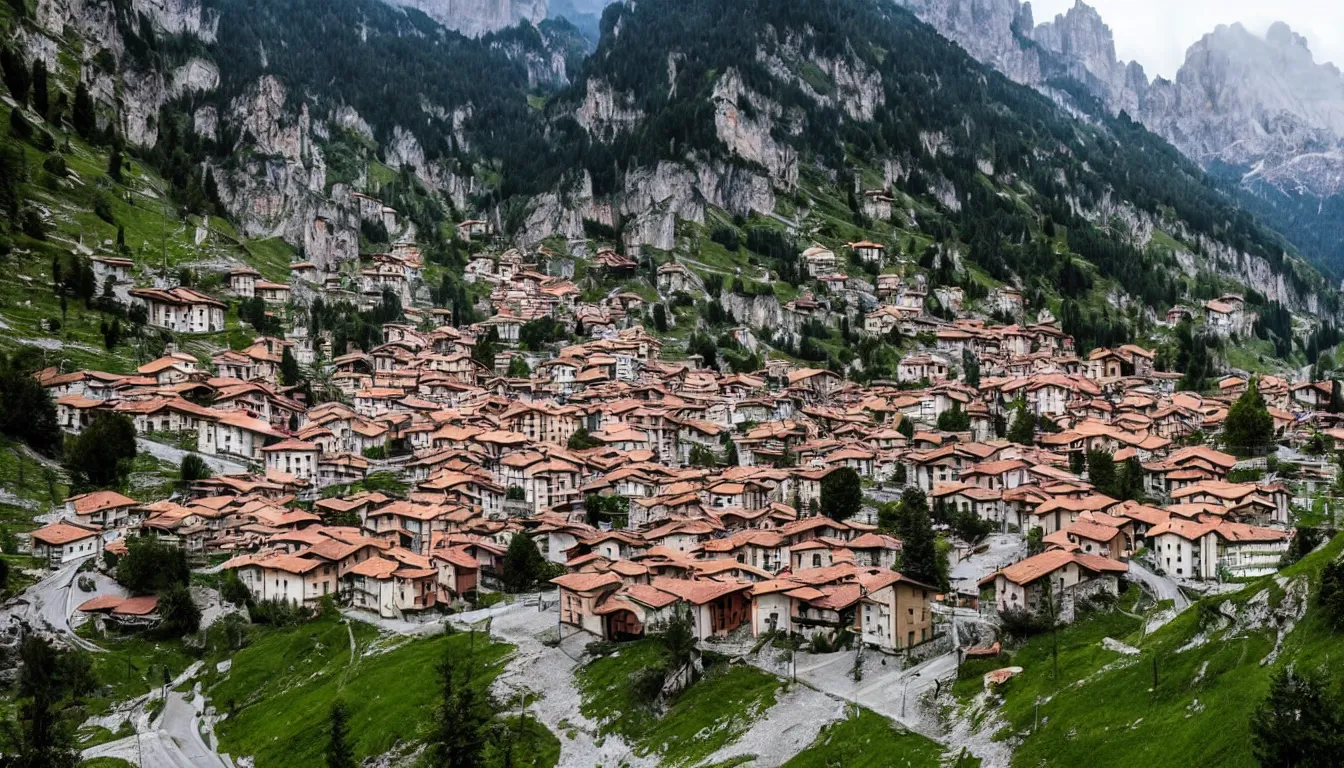 Prompt: an italian town in the dolomites mountains, horror, creepy, unsettling, scary
