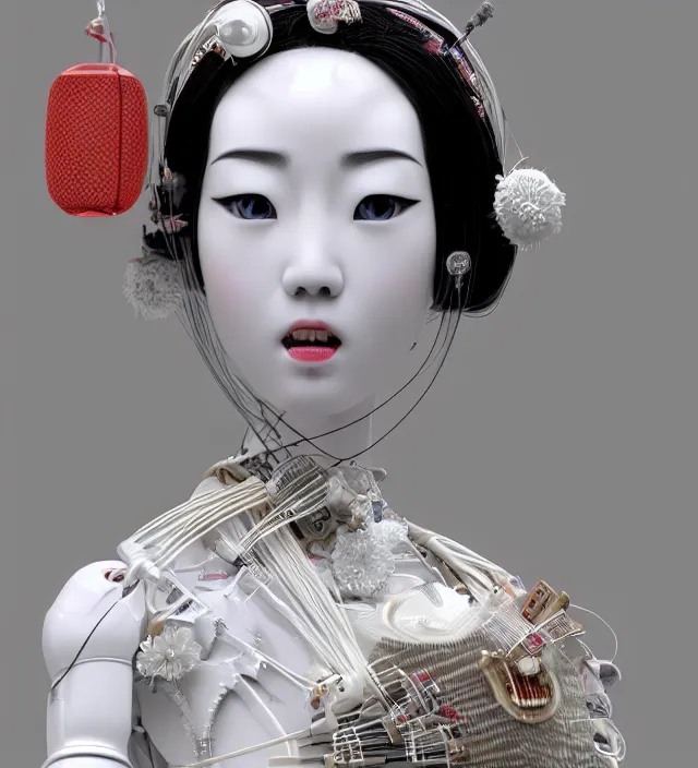 Image similar to portrait of a beautiful japanese robotic geisha with wires and actuators, porcelain white face, dramatic lighting, hyper - realistic, ultra - realistic, intricate details, japanese model, 8 k ultra high definition, octane render