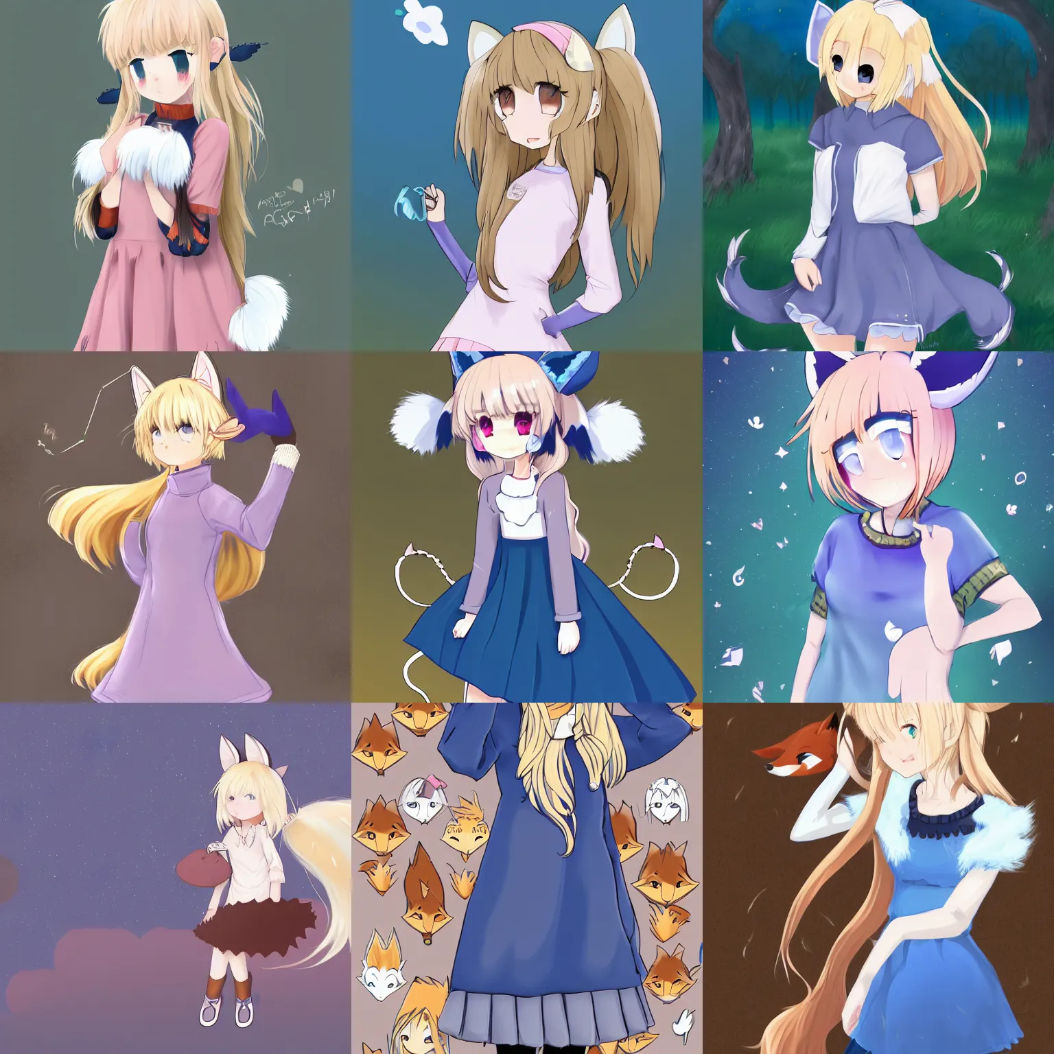 Prompt: rating : safe score : 5 1 2 tags : 1 girl absurdres animal _ ear _ fluff animal _ ears bangs blonde _ hair blue _ eyes blue _ sweater blush cowboy _ shot dress eyebrows _ visible _ through _ hair fang fox _ ears fox _ girl fox _ tail highres large _ tail long _ hair looking _ at _ viewer solo standing white _ dress