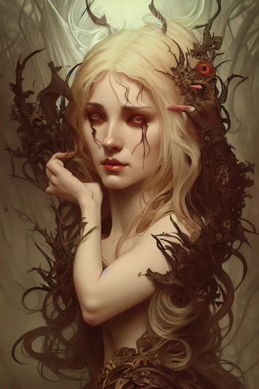 Image similar to horror, dark fantasy, intricate, elegant, highly detailed, digital painting, artstation, concept art, matte, sharp focus, illustration, art by artgerm and alphonse mucha