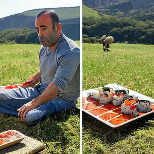 Prompt: joe rogan eating sushi on a sunny day in a field