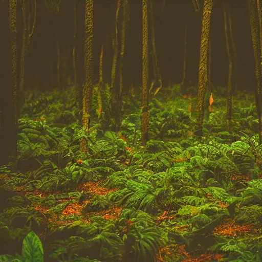 Prompt: an old photography of a dark green forest full of orange mushrooms