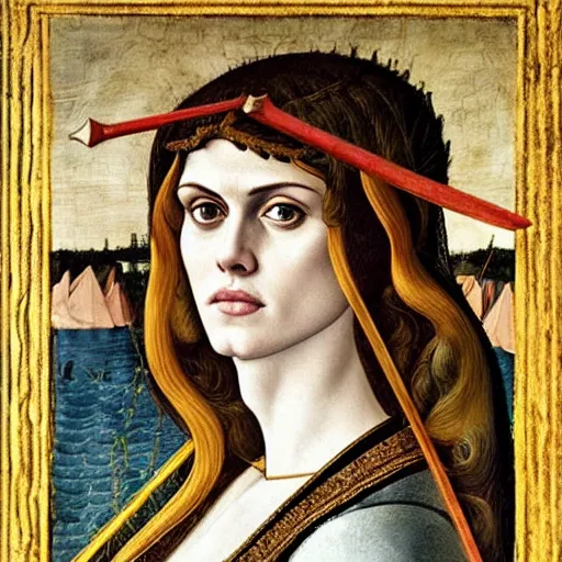Image similar to alexandra daddario as joan of ark, elegant portrait by sandro botticelli, detailed, symmetrical, intricate