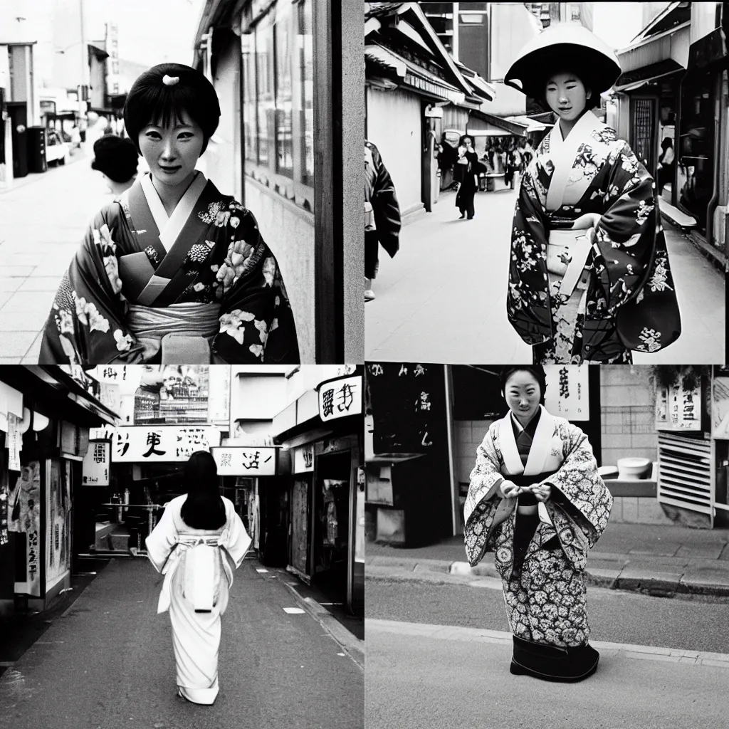 Prompt: photograph of a beautiful Japanese woman in kimono in a street, the woman did not expect to be photographed, Ilford HP5 film