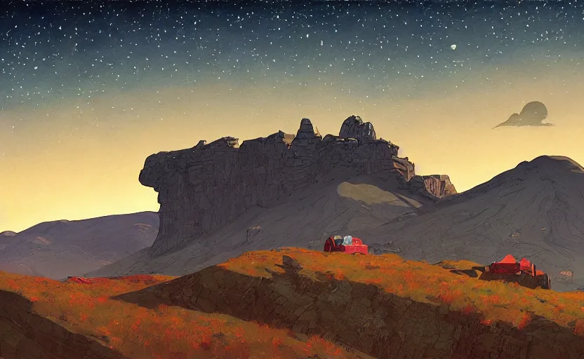 Prompt: mountains, stars and paisley filled sky, artstation, intricate, highly detailed, digital painting, concept art, sharp focus, illustration by Edward Hopper and Enki Bilal