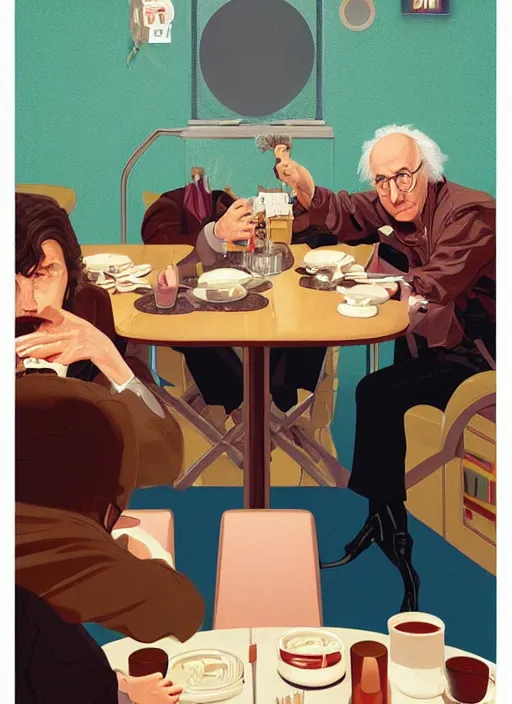 Image similar to poster artwork by Michael Whelan and Tomer Hanuka, Karol Bak of Larry David sitting along in the diner, from scene from Twin Peaks, clean, simple illustration, nostalgic, domestic, full of details