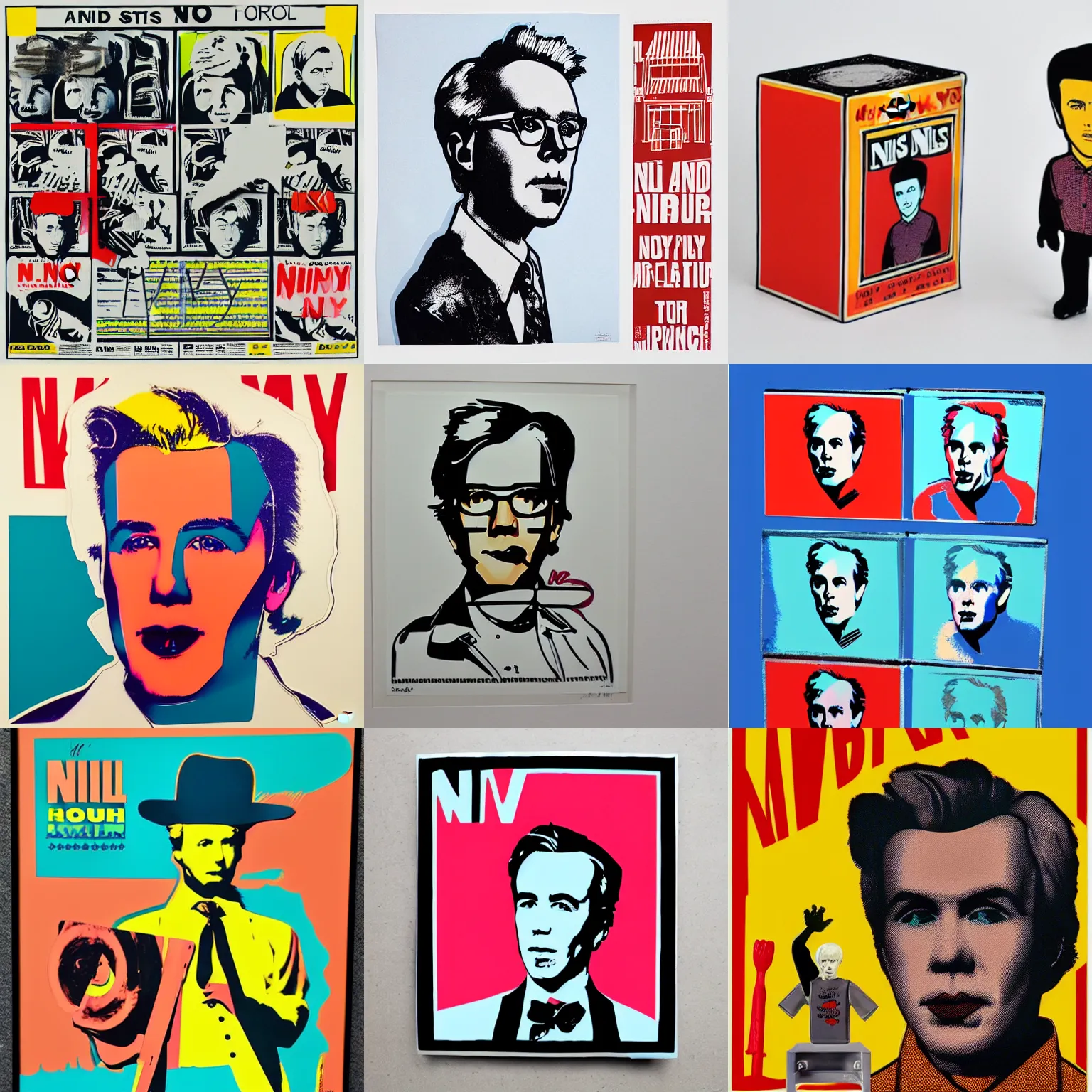 Prompt: nils bohr, andy warhol silk screen print, stop motion vinyl action figure, plastic, toy, butcher billy style