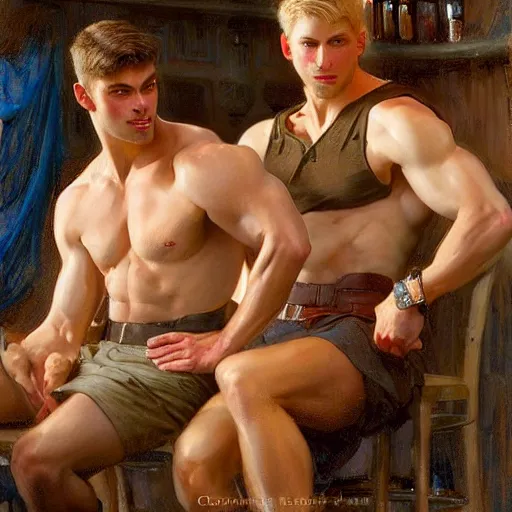 Image similar to attractive muscular male with brunet hair and attractive muscular male with blond hair. pants and shorts, drinking their hearts out, in a pub. very defined and detailed painting by j. c. leyendecker, gaston bussiere, craig mullins 8 k