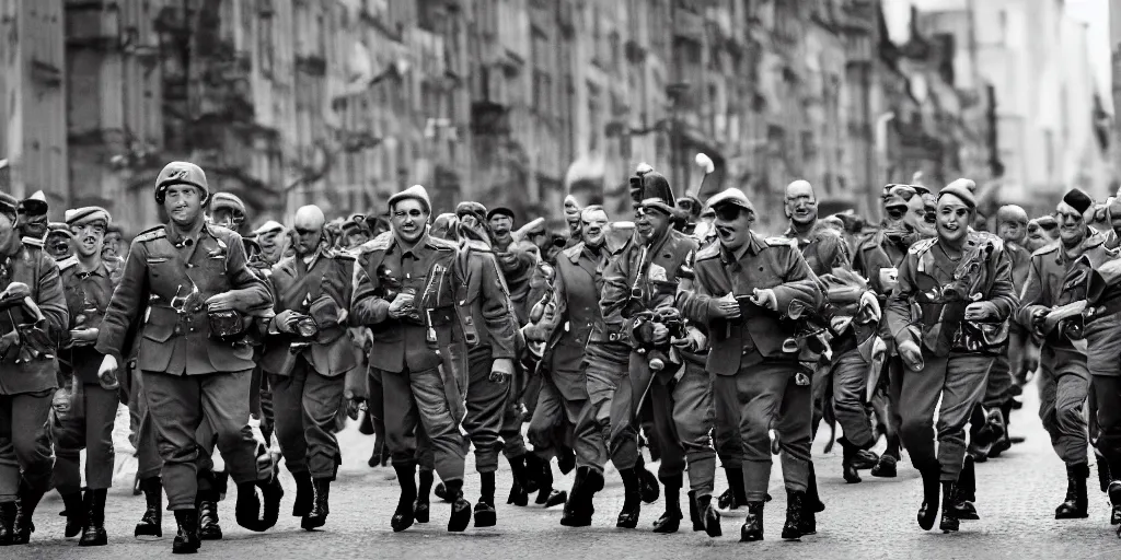 Prompt: german forces as minions from despicable me winning world war 2 and parading through berlin, hyper realistic, award winning photo, award winning, sharp focus, black and white