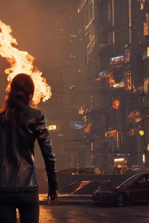 Image similar to in the foreground a street of Saint Petersburg, in the background a blond woman spitting flames with her hands wearing a long jacket like a matrix, realistic, high definition, many details, dramatic scene, detailed and realistic hands, symmetrical face, eyes realistic, art of cyberpunk 2077