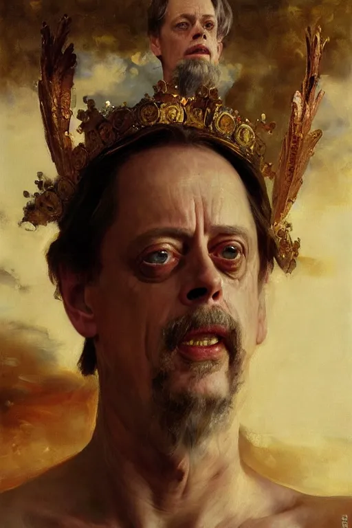 Image similar to beautiful oil painting portrait of ancient roman god emperor steve buscemi wearing the civic crown levitating and ascending religious pose, ascension, art by anders zorn, wonderful masterpiece by greg rutkowski, expressive brush strokes, beautiful cinematic light, american romanticism by greg manchess, jessica rossier