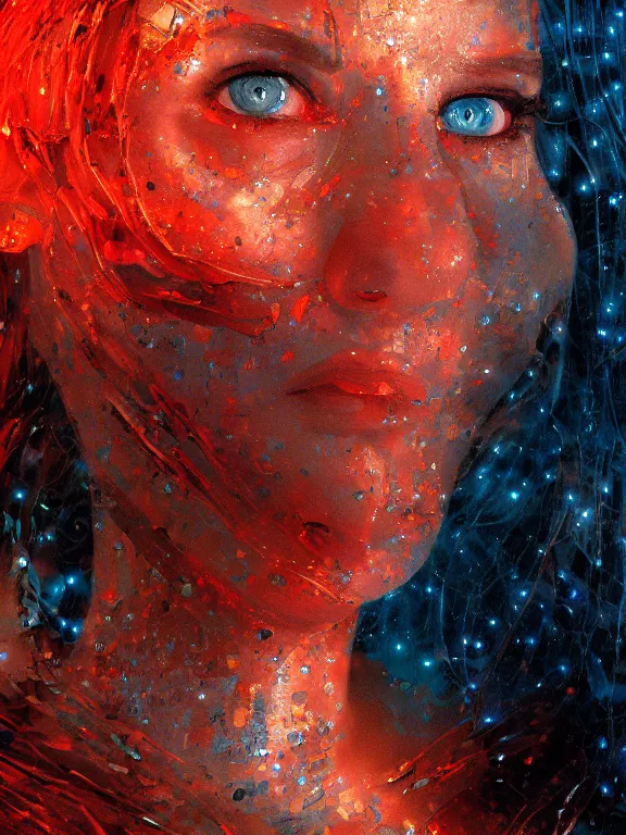 Prompt: closeup portrait of a transparent cyborg beautiful girl android, shattered glass, goo, cinematic light, backlight glow, red sky blue, mist, by mikhail vrubel, by philippe druillet, by peter elson, by gerald brom, muted colors, ( ( extreme detail ) ), trending on artstation, 8 k