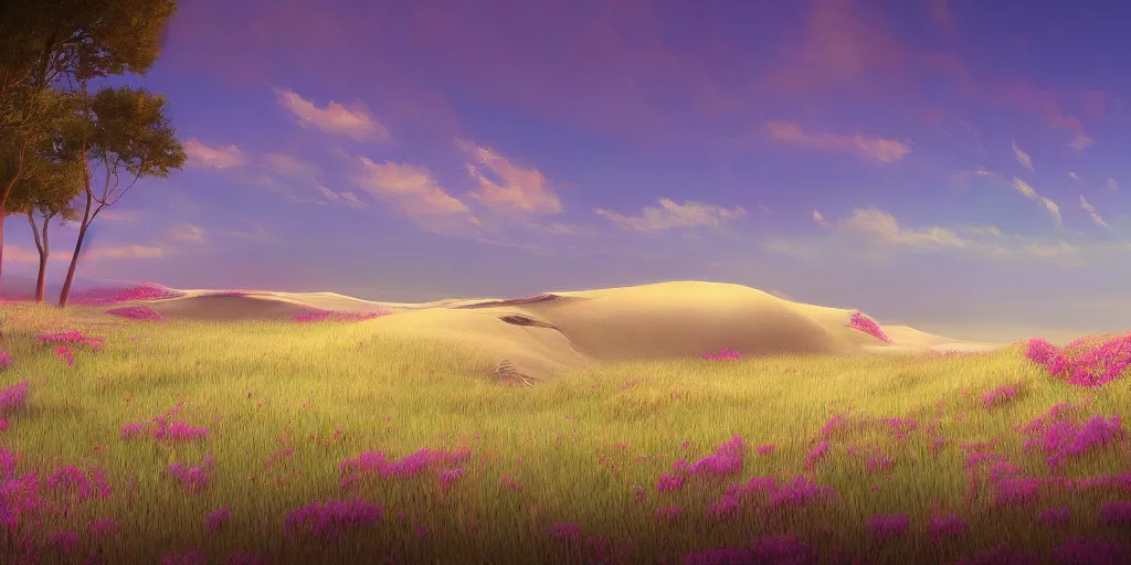 Prompt: dunes inspired by Evgeny Lushpin,flower meadow,spring,cinematic,trending on ArtStation