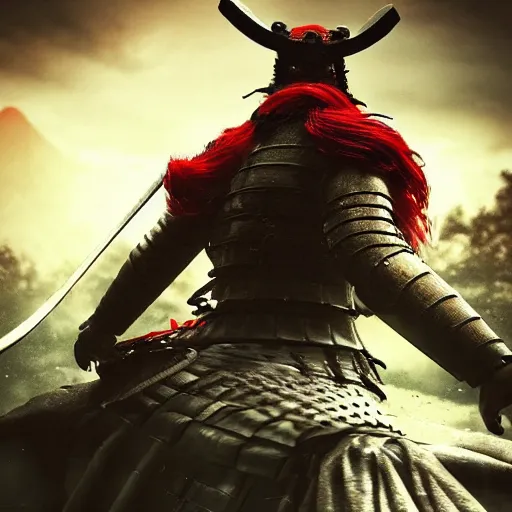 Image similar to a samurai looking to the sky while it's raining blood on his face, unreal engine fantasy art, hauntingly beautiful art, beautiful composition, hd, 8k, detailed, nighttime