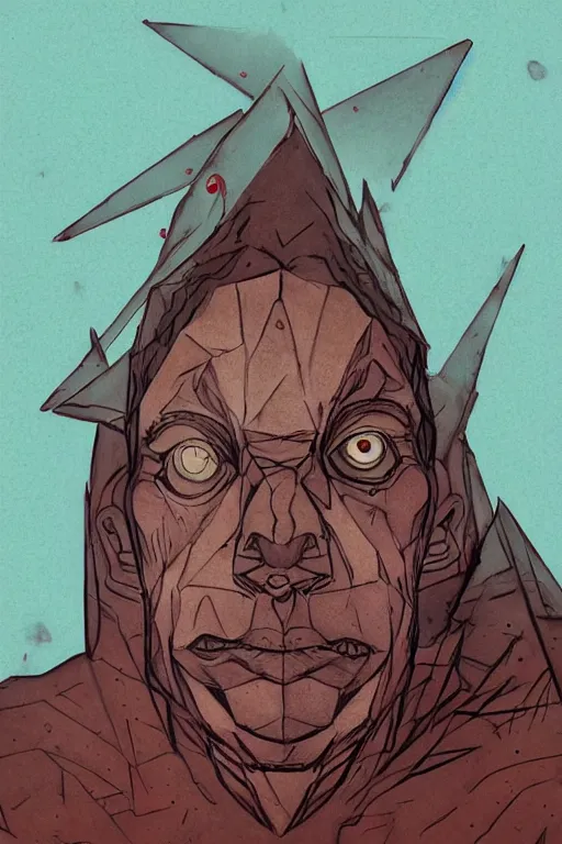 Image similar to portrait of triangle shaped ogre head and shoulders with single centered giant bloodshot eye, in the style of Greg Broadmore and Arthur Rackham,trending on artstation, light lighting side view,digital art,surrealism ,macro,blueprint ,vaporwave ,