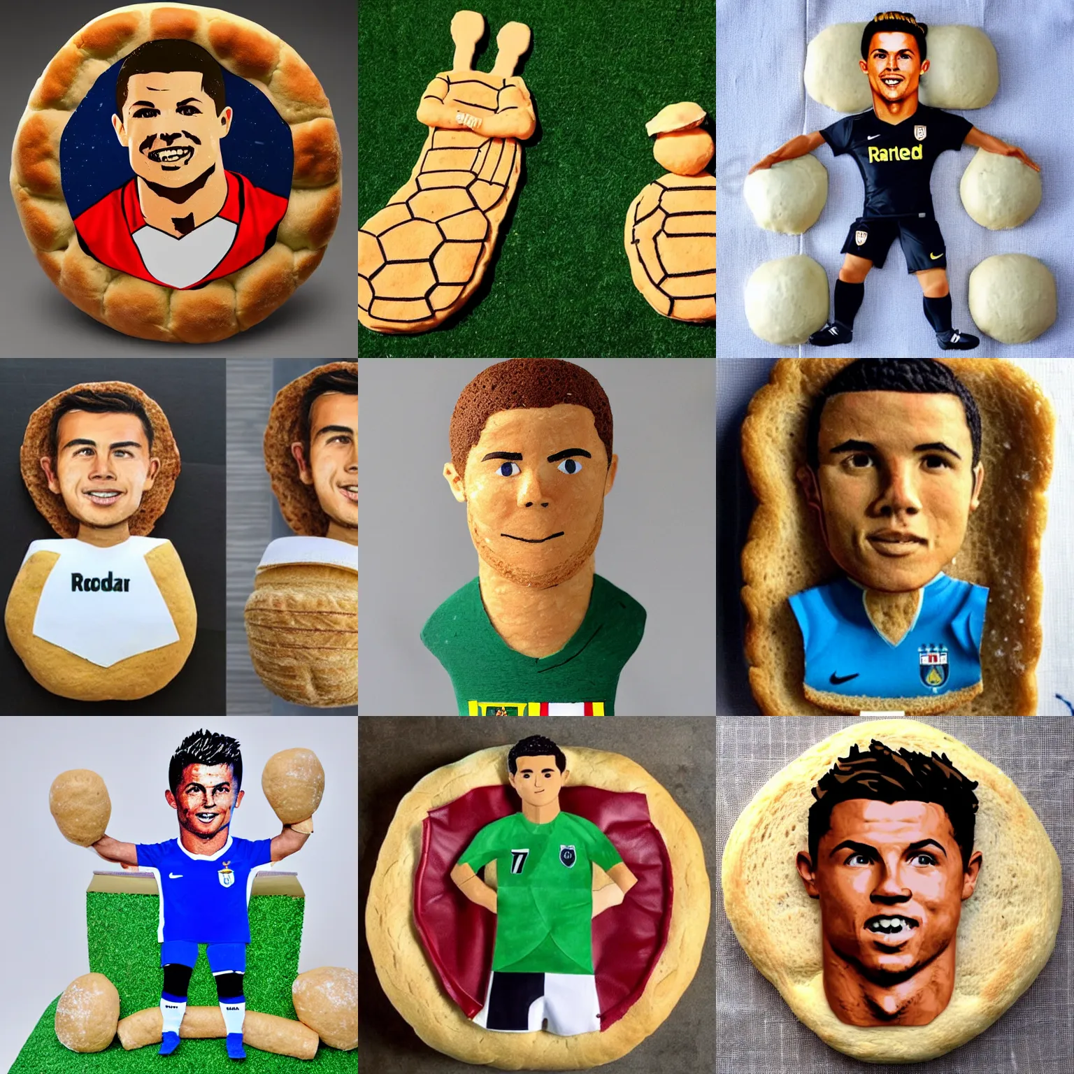 Prompt: soccer player ronaldo 7 made of bread dough