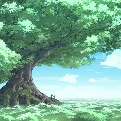 Image similar to white whale flying near giant tree in the green field, anime, HD,