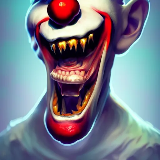 Prompt: a scary clown laughing, directed gaze, full - body and head view, highly detailed, zeronis style, artstation, soft light, sharp focus, illustration, character design, concept art