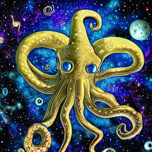 Image similar to a giant octopus god made of stars in floating among the galaxies of the milky way
