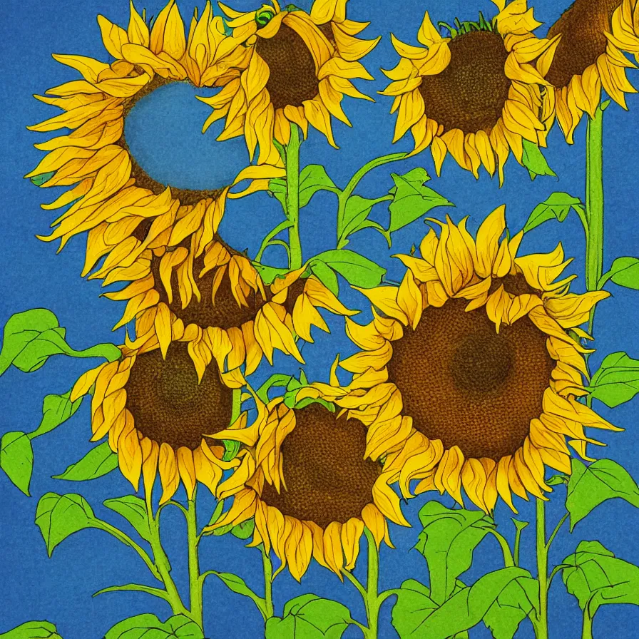Image similar to Artwork illustrating two sunflowers that are in love with one another.