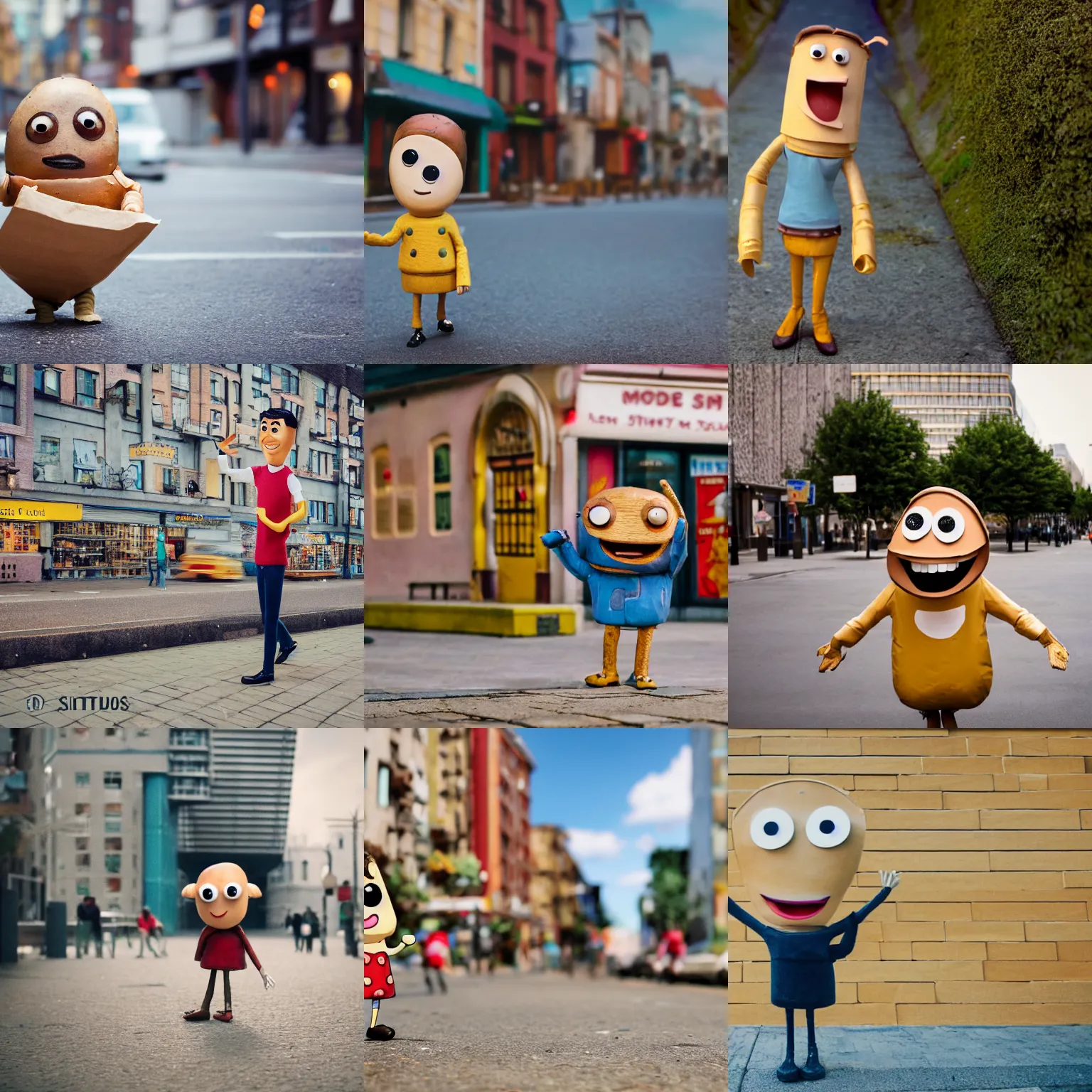 Prompt: a film still of a happy charming potato walking about town talking. noodle legs and arms. gloved hands. expressive pose. googly eyes. cardboard architecture city sidwalk. depth - of - field. rule - of - thirds. laika studios.