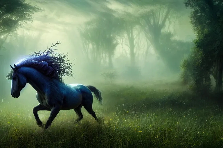 Image similar to a stunning horse with a mane of bioluminescent vines and flowers running through a meadow by greg rutkowski, high key lighting, volumetric light, digital art, highly detailed, fine detail, intricate, ornate, complex, octane render, unreal engine, photorealistic