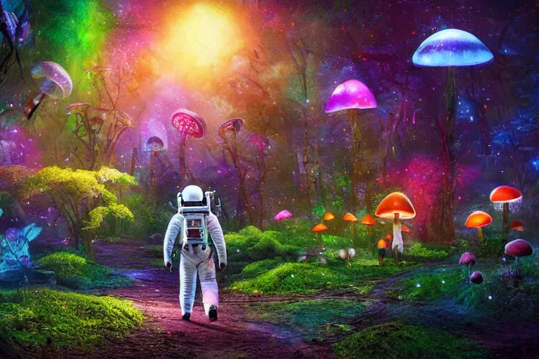 Image similar to An astronaut walking in an enchanted fantasy forest. Colorful. Glowing mushrooms. Flying fairies. Cinematic lighting. Photorealism.