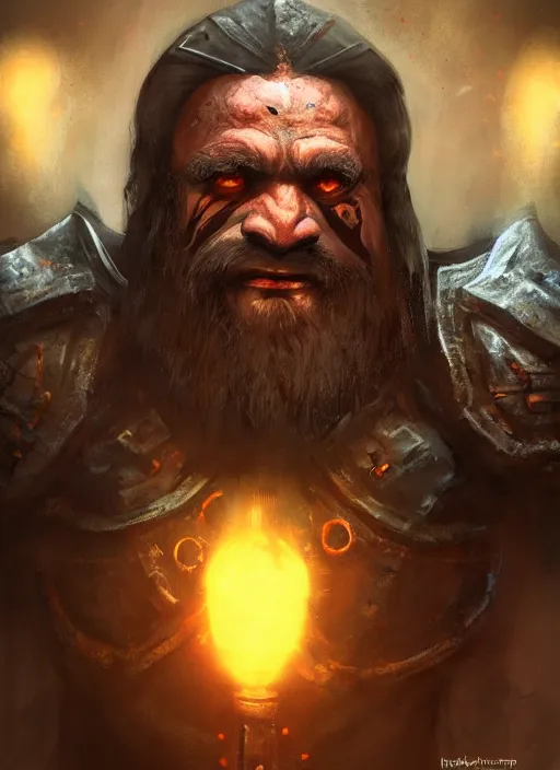 Image similar to A fantasy comic book style portrait painting of a brutal grim warrior dwarf in a atmospheric dark fortress, unreal 5, DAZ, hyperrealistic, octane render, RPG portrait, ambient light, dynamic lighting