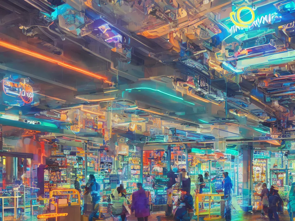 Prompt: close up futuristic sci-fi convenience store at night with bright neon lights in two point perspective, heavy contrast, primarily blue in color with orange and green accents, vibrant, contrast, 4k, volumetric, HDR, crisp, detailed, beautiful, concept art, matte painting, artstation, trending, dynamic, colorful, spacious, reflective windows, people, robots, sharp detailed reflections, outdoor, outside