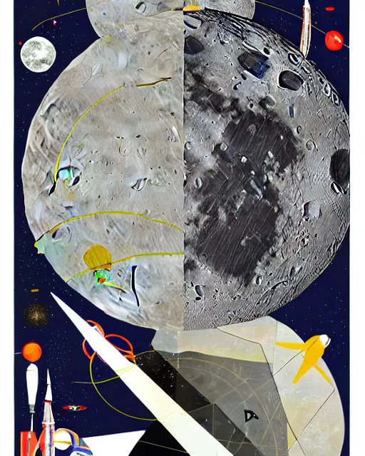 Prompt: A collage, made of random shapes cut from fashion and science magazines and text books, of Space Travel, landing on the moon, mid-century modern.