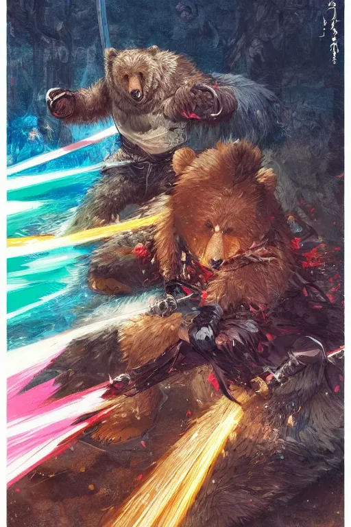 Image similar to key anime visuals rendering of a bear dressed as a ninja fighting with a katana. colorful design. higly detailed, intricate, greg rutkowski, anime manga style, trending on art station.