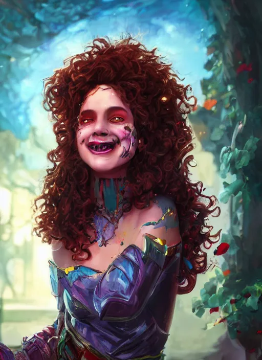 Image similar to an epic fantasy comic book style portrait painting of a girl wearing colorful makeup with a smile and curly brown hair stepping out of a doorway with light shining behind her, unreal 5, daz, hyperrealistic, octane render, cosplay, rpg portrait, dynamic lighting