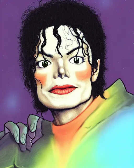 Image similar to portrait of michael jackson in the style of justin roiland. cinematic lighting. style of rick & morty. photographic, photography. by justin roiland