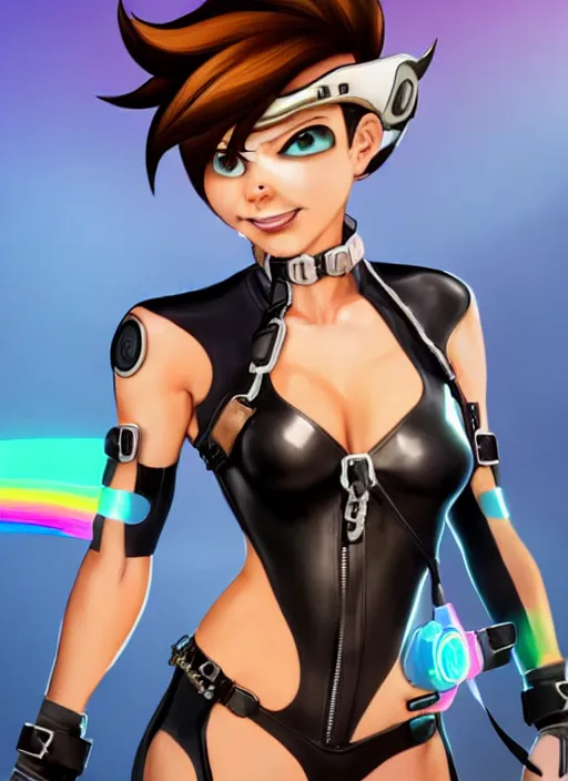 Image similar to full body digital artwork of tracer overwatch, wearing black iridescent rainbow latex swimsuit, 4 k, expressive happy smug expression, makeup, in style of mark arian, wearing detailed black leather collar, wearing chains, black leather harness, leather cuffs around wrists, detailed face and eyes,