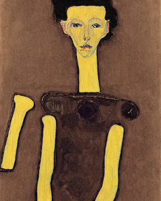 Image similar to portrait of young female robot on the sofa, in the style of Egon Schiele